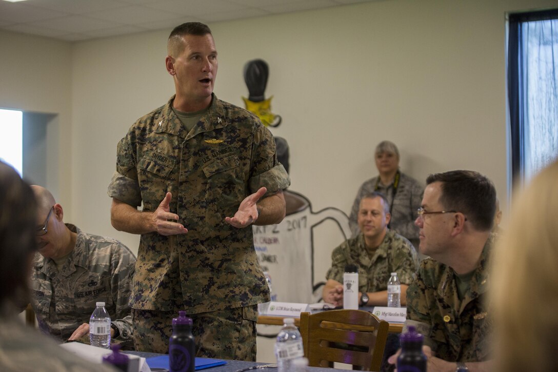 Marine Col. Christopher B. Snyder, the chief of staff for 4th Marine Logistics Group, Marine Forces Reserve, introduces himself during a mission overview meeting of Innovative Readiness Training Louisiana Care 2017 at East Saint John High School in Reserve, La. July 15, 2017. During the meeting, leaders from MARFORRES and the Air National Guard discussed the accomplishments of the IRT so far, as well as future plans. (U.S. Marine Corps photo by Lance Cpl. Niles Lee/Released)