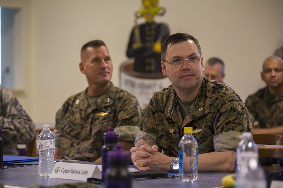 Navy Capt. Frederick Canby, commanding officer of 4th Dental Battalion, 4th Marine Logistics Group, Marine Forces Reserve, attends a mission overview meeting of Innovative Readiness Training Louisiana Care 2017 at East Saint John High School in Reserve, La. July 15, 2017. During the meeting, leaders from MARFORRES and the Air National Guard discussed the accomplishments of the IRT so far, as well as future plans. MARFORRES units like 4th Dental Battalion are working closely with other medical units and services from across the country to provide medical, dental and optometry care to the local community at no cost to patients. (U.S. Marine Corps photo by Lance Cpl. Niles Lee/Released) 