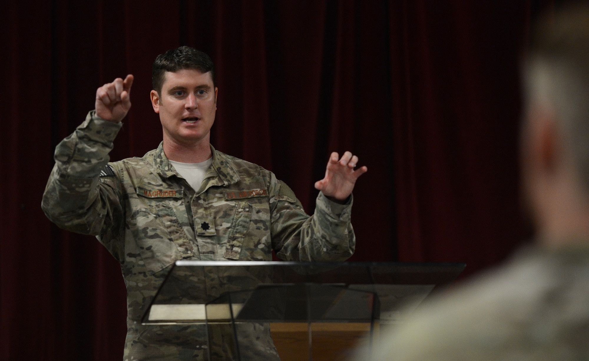 Lt. Col. Daniel Magruder, commander  of the 22nd Special Tactics Squadron, speaks to Airmen about joint leadership July 7, 2017, at a Lunch N’ Learn event at Joint Base Lewis-McChord, Wash. As a Special Tactics officer who largely operates in joint air and ground domains, Magruder spoke about lessons he’s learned from joint deployments. (U.S. Air Force photo/Senior Airman Jacob Jimenez)    