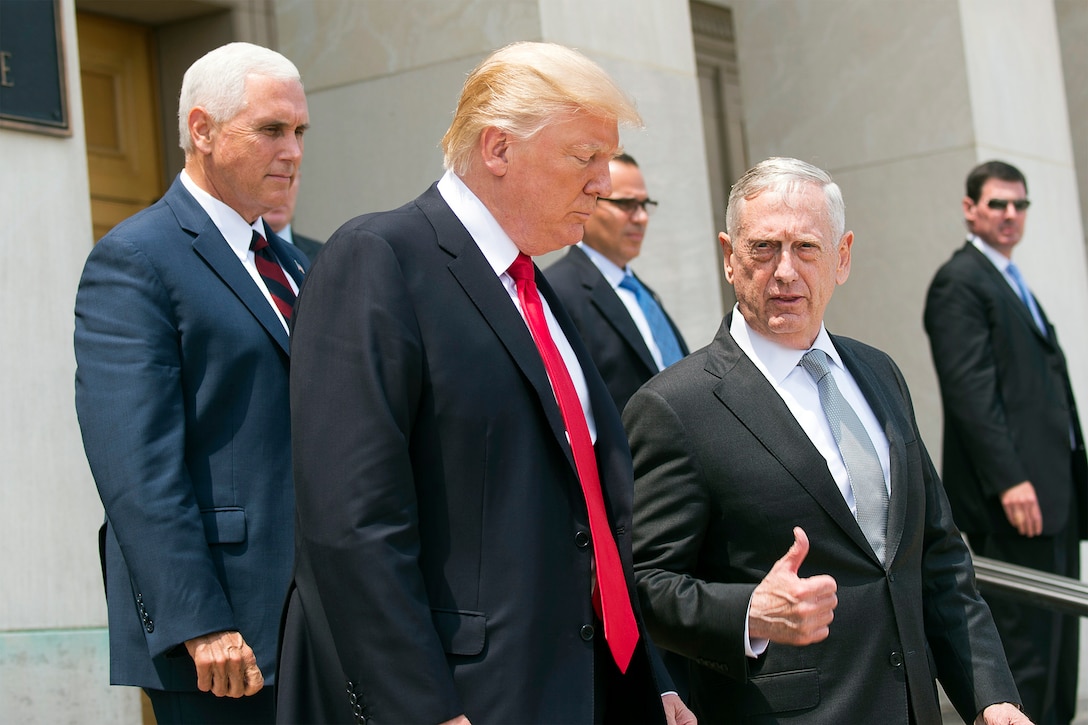 Defense Secretary Jim Mattis speaks with President Donald J. Trump and Vice President Mike Pence following a meeting of the National Security Council at the Pentagon, July 20, 2017. DoD photo by Navy Petty Officer 2nd Class Dominique A. Pineiro
