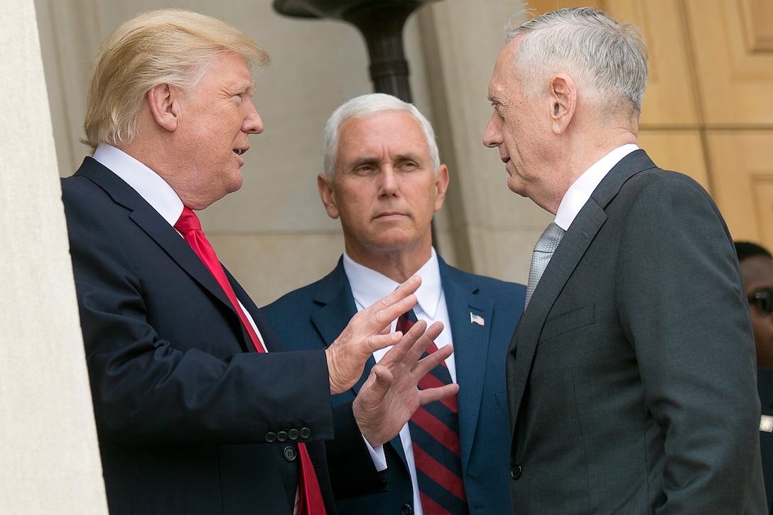 President Donald J. Trump speaks with Defense Secretary Jim Mattis and Vice President Mike Pence following a meeting of the National Security Council at the Pentagon, July 20, 2017. DoD photo by Navy Petty Officer 2nd Class Dominique A. Pineiro