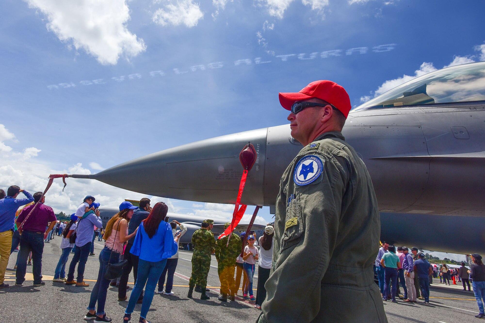 U.S. Air Force Lt. Col. Andrew Thorne, a fighter pilot assigned to the 157th Fighter Squadron, stands next to a U.S. Air Force F-16 Fighting Falcon assigned to the South Carolina Air National Guard’s 169th Fighter Wing while at José María Córdova International Airport duringthe Colombian Air Force’s Feria Aeronautica Internaccional – Colombia in Rionegro, Colombia, July 14, 2017. The United States Air Force is participating in the four-day air show with two South Carolina Air National Guard F-16s as static displays, plus static displays of a KC-135, KC-10, along with an F-16 aerial demonstration by the Air Combat Command’s Viper East Demo Team. United States military participation in the air show provides an opportunity to strengthen our military-to-military relationships with regional partners and provides the opportunity to meet with our Colombian air force counterparts and facilitate interoperability, which can be exercised in future cooperation events such as exercises and training. (U.S. Air National Guard photo by Senior Airman Megan Floyd)