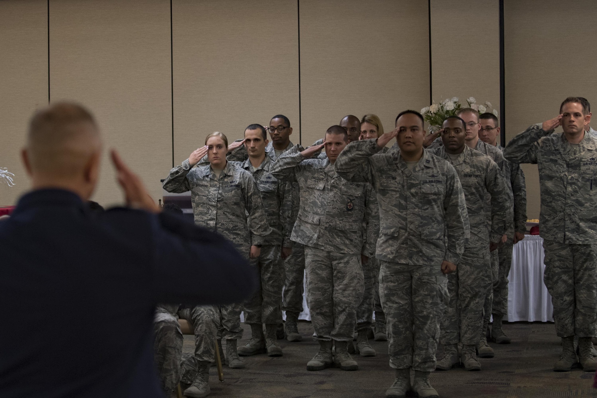 Lt. Col. Erwin Waibel, 336th Recruiting Squadron commander, receives his first salute from his new squadron, July 19, 2017, at Moody Air Force Base, Ga. The 336th RCS is a tenant unit at Moody Air Force Base and covers 75,489 square miles including areas in Georgia, South Carolina, Florida and Alabama. Its mission is to inspire, engage and recruit the brightest, most competitive and diverse men and women for service in The U.S. Air Force. (U.S. Air Force photo by Airman 1st Class Daniel Snider)