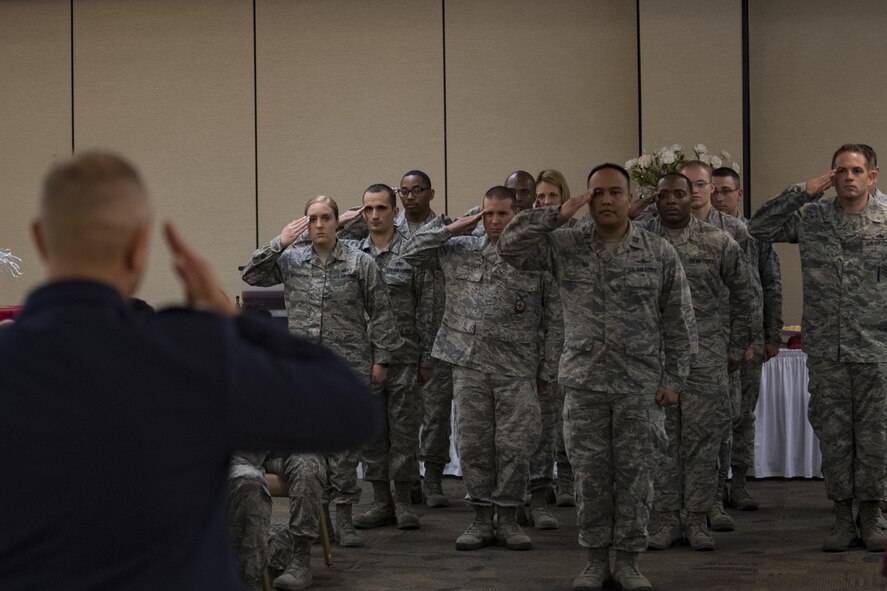 Lt. Col. Erwin Waibel, 336th Recruiting Squadron commander, receives his first salute from his new squadron, July 19, 2017, at Moody Air Force Base, Ga. The 336th RCS is a tenant unit at Moody Air Force Base and covers 75,489 square miles including areas in Georgia, South Carolina, Florida and Alabama. Its mission is to inspire, engage and recruit the brightest, most competitive and diverse men and women for service in The U.S. Air Force. (U.S. Air Force photo by Airman 1st Class Daniel Snider)