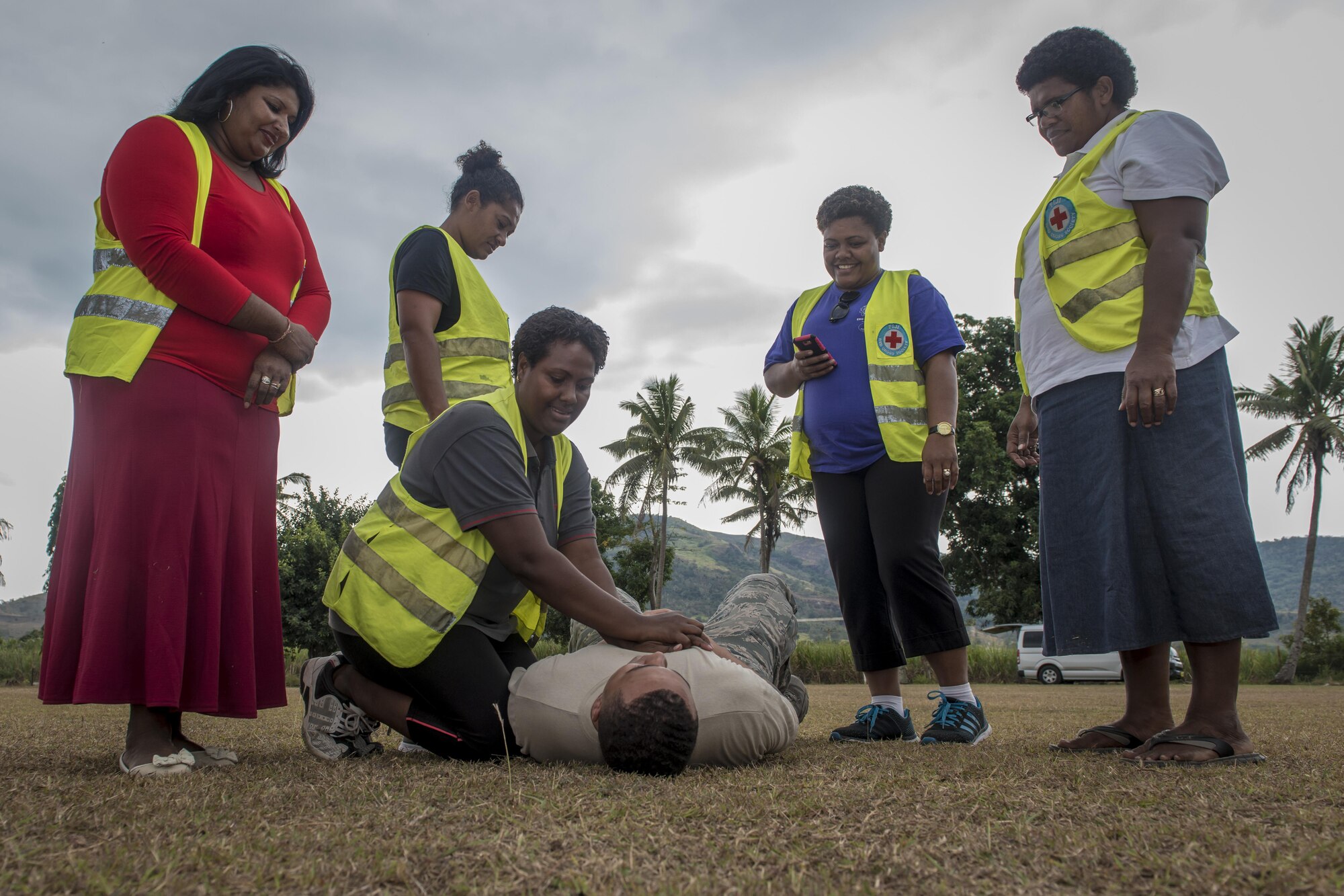 U.S. Air Force Senior Airman Chris Rodgers, an aerospace medical service journeyman with the 35th Medical Operations Squadron at Misawa Air Base, Japan, teaches Fijian health care volunteers the basics of CPR during a hands-on training as part of Pacific Angel 17-3 at Tagitagi Sangam School and Kindergarten in Tavua, Fiji, July 15, 2017. Rodgers and seven other Misawa Airmen joined more than 50 U.S. service members in support of this exercise. The exercise strengthens interoperability and partnership between the United States, Fiji and other nations and organizations in the Indo-Asia-Pacific region. (U.S. Air Force photo by Tech. Sgt. Benjamin W. Stratton)