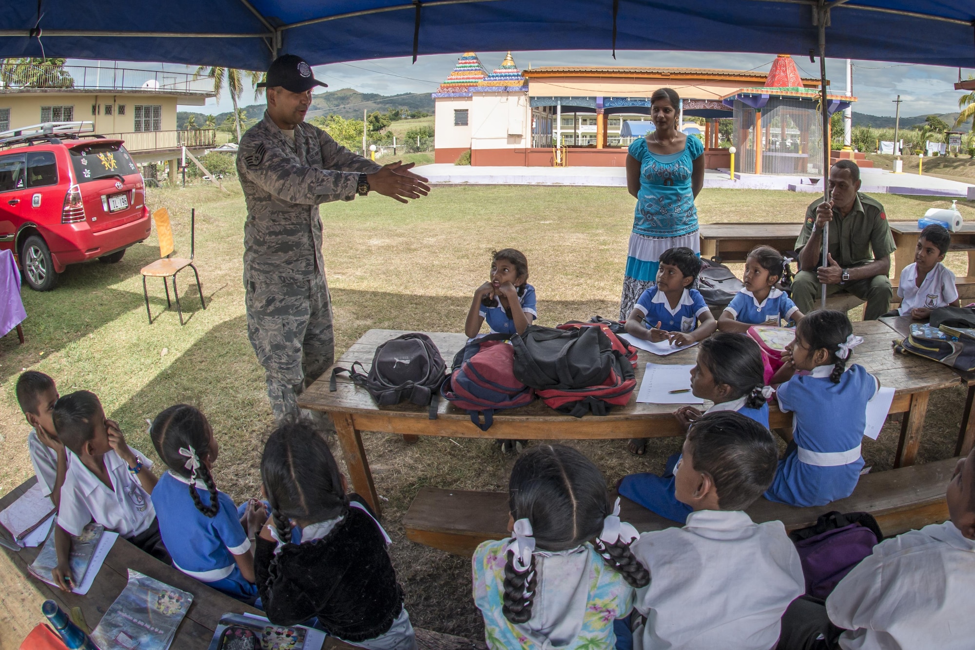 U.S. Air Force Staff Sgt. Angelo Corpuz, a public health specialist with the 35th Aerospace Medicine Squadron at Misawa Air Base, Japan, shows Fijian students how important proper handwashing is to prevent the spread of germs and disease at the Tagitagi Sangam School and Kindergarten in Tavua, Fiji, July 17, 2017. Corpuz is one of seven Misawa Airmen who joined more than 50 U.S. service members, their Fijian counterparts and more than five other nations from across the Indo-Asia-Pacific region to conduct Pacific Angel 17-3. The U.S. military strengthens its relationship with other nations’ militaries through mutually beneficial activities such as subject-matter expert exchanges, host nation visits, bilateral engagements and exercises, all a part of PACANGEL missions. (U.S. Air Force photo by Tech. Sgt. Benjamin W. Stratton)