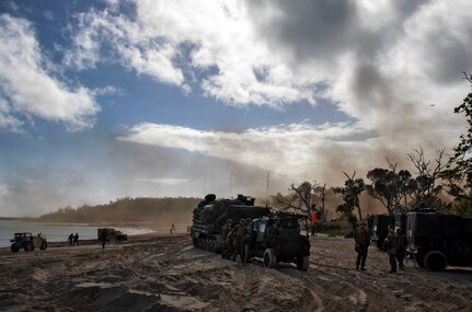 170713-N-WF272-269 TOWNSHEND ISLAND, Australia (July 13, 2017) Marines, assigned to the 31st Marine Expeditionary Unit (MEU), navigate vehicles on the beach as part of a large-scale amphibious assault during Talisman Saber 17. The 31st MEU is working in tandem with Australian counterparts to train together in the framework of stability operations. (U.S. Navy video by Mass Communication Specialist 2nd Class Diana Quinlan/Released)