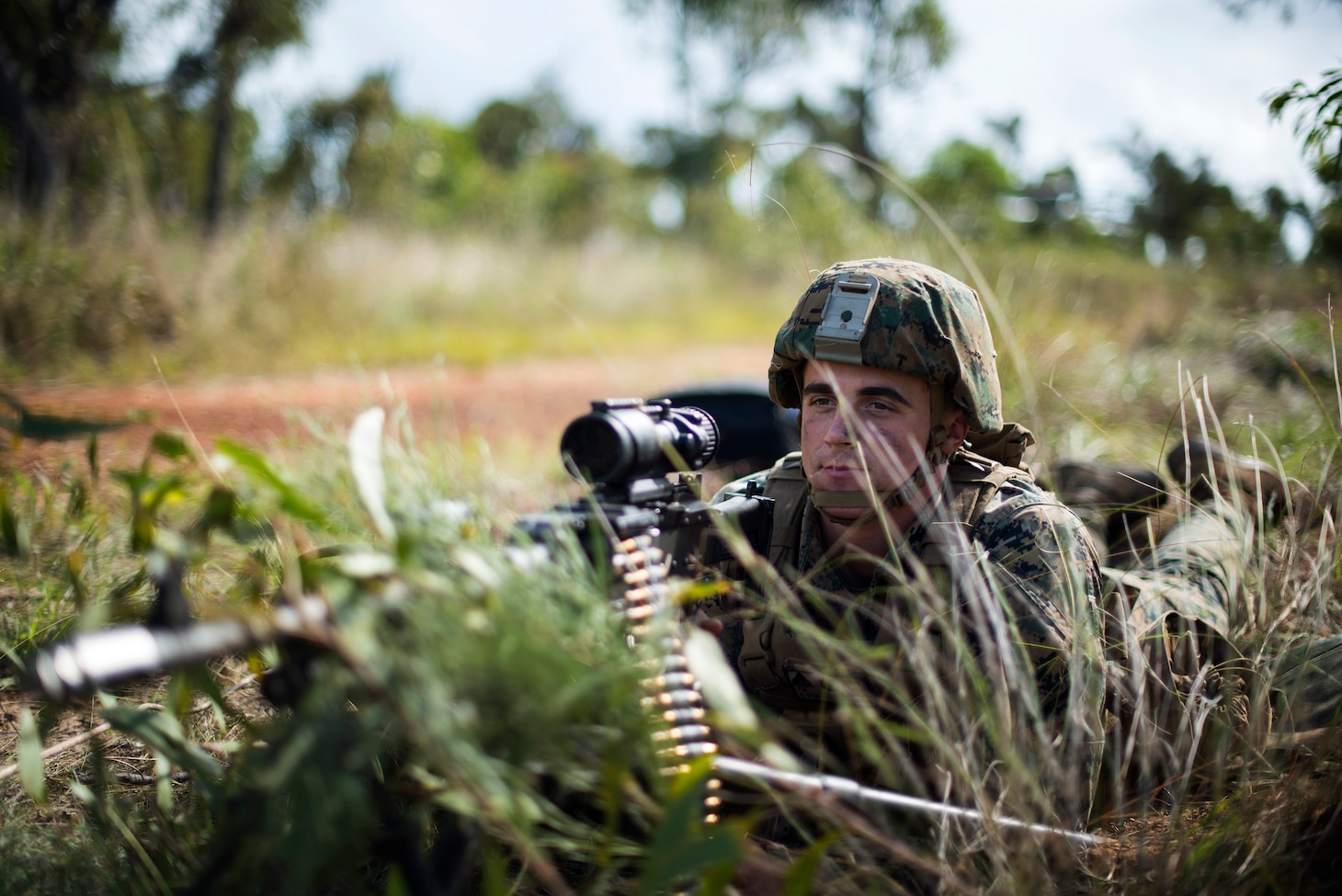 170713-N-WF272-358 TOWNSHEND ISLAND, Australia (July 13, 2017) Cpl. Trevor Brennan, from Algonquin, Ill., assigned to Battalion Landing Team, 3rd Battalion, 5th Marines, part of the 31st Marine Expeditionary Unit (MEU), mans an M240B machine gun as part of a large-scale amphibious assault during Talisman Saber 17. The 31st MEU is working in tandem with Australian counterparts to train together in the framework of stability operations. (U.S. Navy video by Mass Communication Specialist 2nd Class Diana Quinlan/Released)