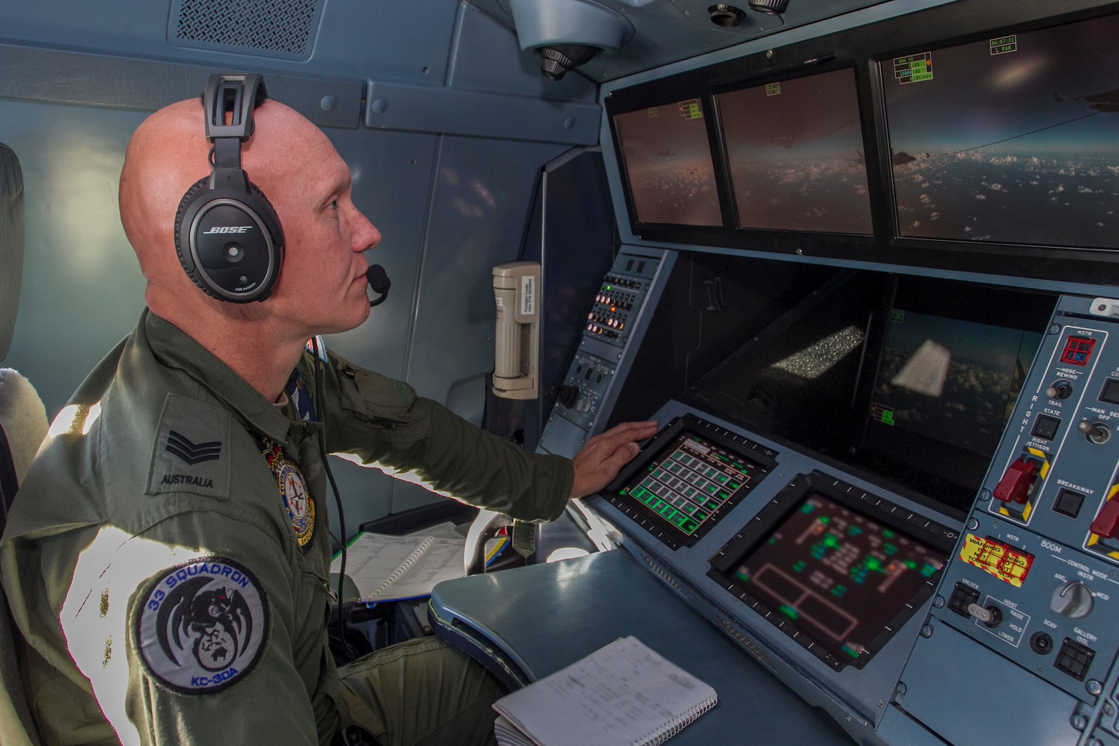 Aerial Refuelling Operator Sergeant Leigh Coop from No 33 Squadron conducts Air to Air refuelling operations from an RAAF KC-30 Multi Role Tanker Transport aircraft. RAAF Base Amberley is the main operating base for RAAF and United States aircraft activities during Talisman Saber 2017. (Royal Australian Air Force photo by Sgt. Peter Borys)