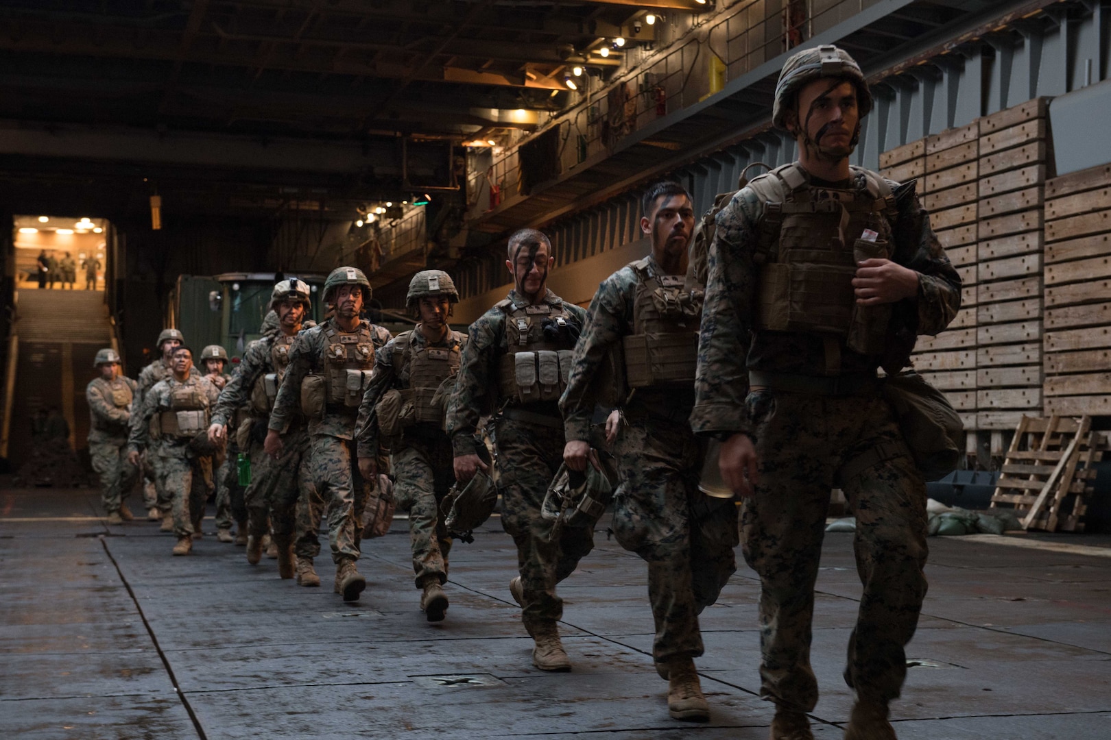 170712-N-UX013-548 SHOALWATER BAY, Australia (July 12, 2017) Marines attached to the 31st Marines Expeditionary Unit prepare to board amphibious assault vehicles in the well deck of the amphibious dock landing ship USS Ashland (LSD 48) for a beach raid training exercise during Talisman Saber 17. Ashland, part of a combined U.S.-Australia-New Zealand expeditionary strike group, is undergoing a series of scenarios that will increase naval proficiencies in operating against blue-water adversarial threats and in its primary mission of launching Marine forces ashore in the littorals. Talisman Saber is a biennial U.S.-Australia bilateral exercise held off the coast of Australia meant to achieve interoperability and strengthen the U.S.-Australia alliance. (U.S. Navy photo by Mass Communication Specialist 3rd Class Jonathan Clay/Released)