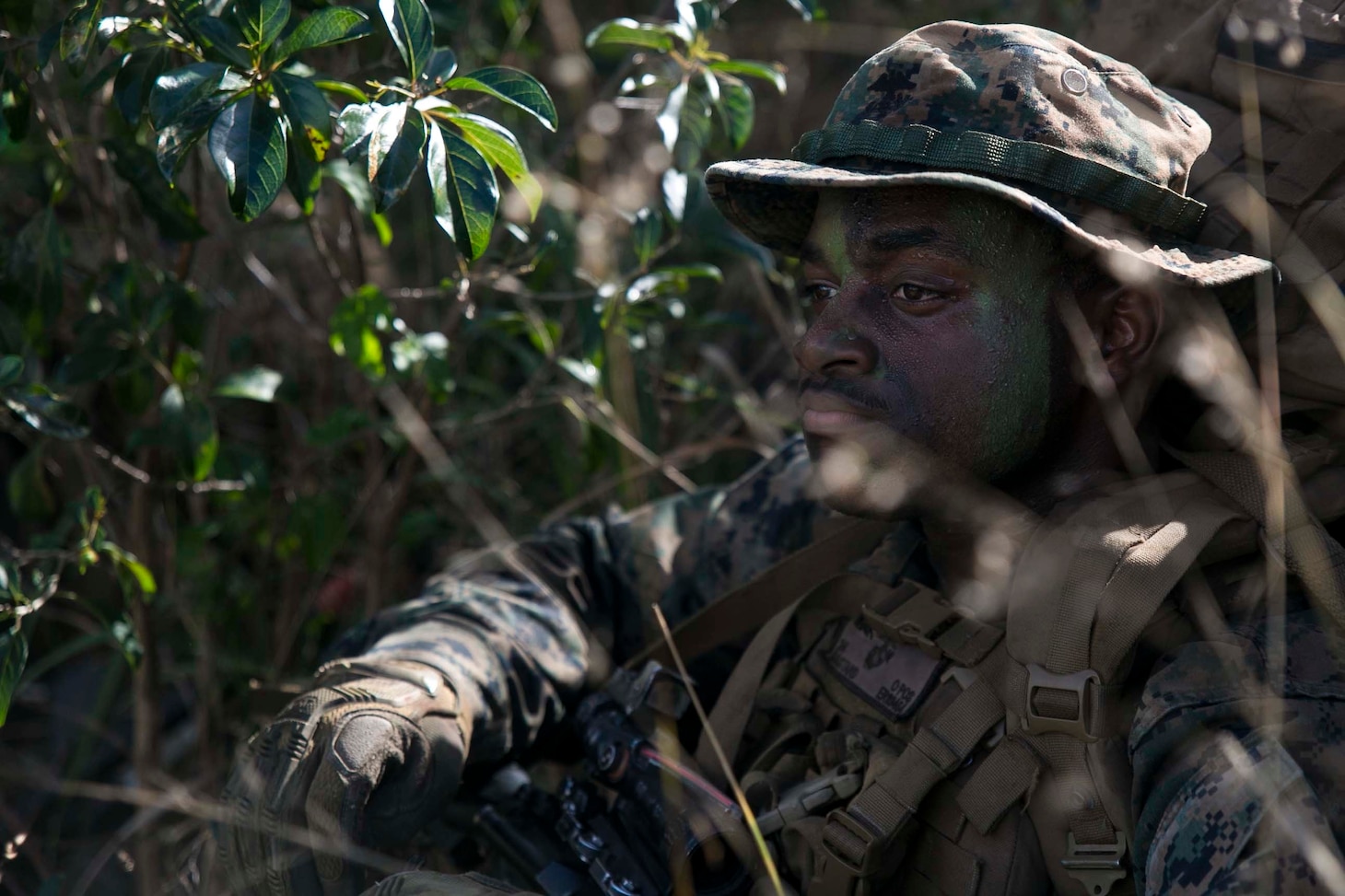 Lance Cpl. James E. Roberts III, a rifleman with 2nd Platoon, India Company, Battalion Landing Team, 3rd Battalion, 5th Marines, 31st Marine Expeditionary Unit, rests during a patrol through the Australia Defense Force’s Townshend Island Training Area, Queensland, Australia, during Exercise Talisman Saber 17, July 14, 2017. The company’s simulated mission included clearing and securing the training area. India Company is the mechanized raid company for the 31st MEU, currently supporting Talisman Saber 17 while deployed on its scheduled patrol of the Indo-Asia-Pacific region. Talisman Saber is a biennial exercise designed to improve the interoperability between Australian and U.S. forces. (U.S. Marine Corps photo by Cpl. Amaia Unanue/ Released)