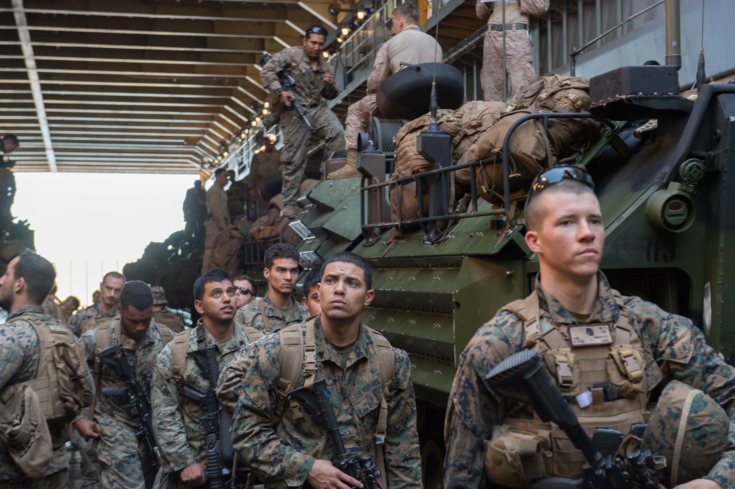 170715-N-UX013-530 CORAL SEA (July 15, 2017) Marines attached to the 31st Marine Expeditionary Unit (MEU) embark the amphibious dock landing ship USS Ashland (LSD 48) after conducting a large-scale amphibious assault during exercise during Talisman Saber 17. Talisman Saber is a biennial U.S.-Australia bilateral exercise held off the coast of Australia meant to achieve interoperability and strengthen the U.S.-Australia alliance. (U.S. Navy photo by Mass Communication Specialist 3rd Class Jonathan Clay/Released)