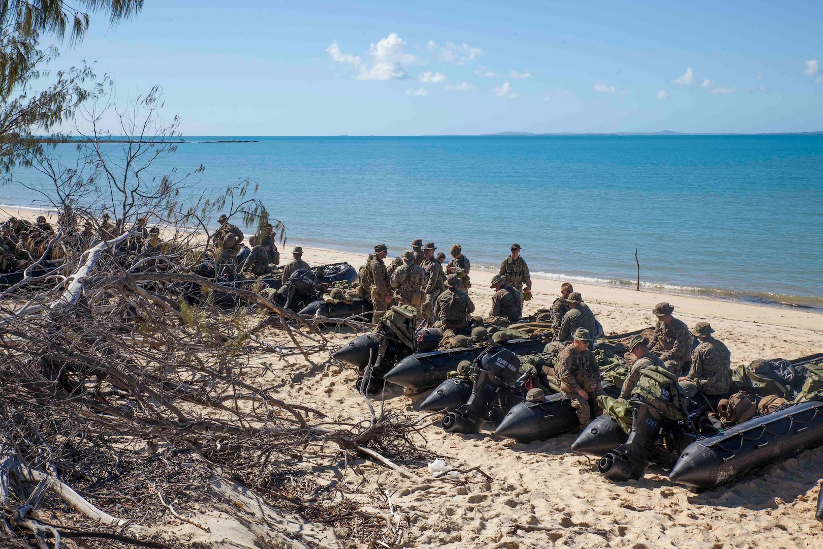 Marines with Lima Company, Battalion Landing Team, 3rd Battalion, 5th Marines, 31st Marine Expeditionary Unit, stage Combat Rubber Raiding Crafts off the coast of Australia during an amphibious landing as part of Talisman Saber 17, July 15th, 2017. Talisman Saber is a biennial exercise designed to improve the interoperability between Australian and U.S. forces. The 31st MEU is taking part in Talisman Saber 17 while deployed on its regularly-scheduled patrol of the Indo-Asia-Pacific region. (U.S. Marine Corps photo by Lance Cpl. Jonah Baase/Released)