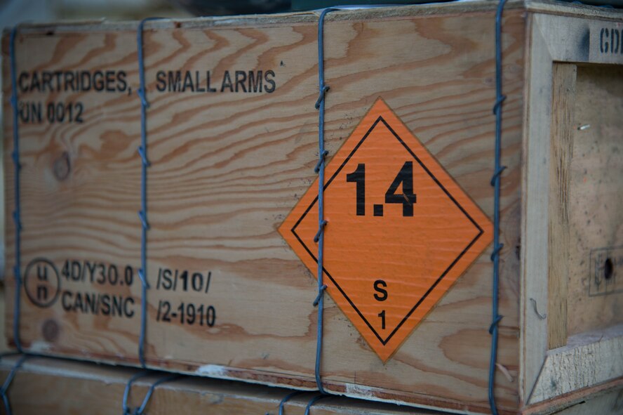 An ammunition box containing simulated 9mm rounds is displayed during an active shooter exercise training at Barksdale Air Force Base, La., May 31, 2017. the simulated were loaded with small paint projectiles in place of a traditional slug. when fired, the round makes contact and disintegrates, turning into paint marking targets providing realism to the exercise. (U.S. Air Force photo by Staff Sgt. Jason McCasland)