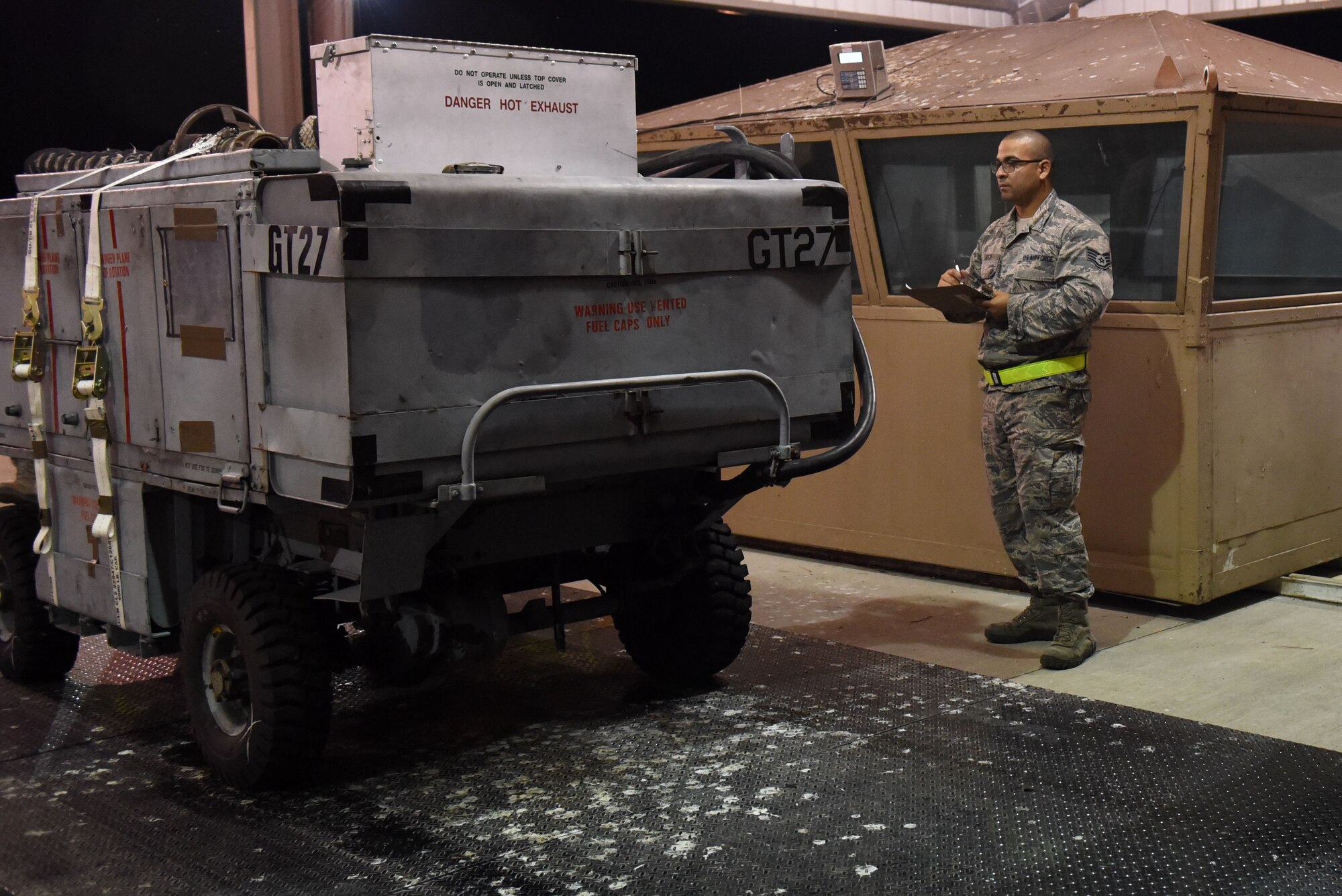 Staff Sgt. Matthew Rico, 4th Logistics Readiness Squadron joint inspector, inspects a generator cart during exercise Thunderdome 17-02, July 20, 2017, at Seymour Johnson Air Force Base, North Carolina. During the exercise, members of the 4th Fighter Wing conducted simulated cargo transport. (U.S. Air Force photo by Airman 1st Class Victoria Boyton)