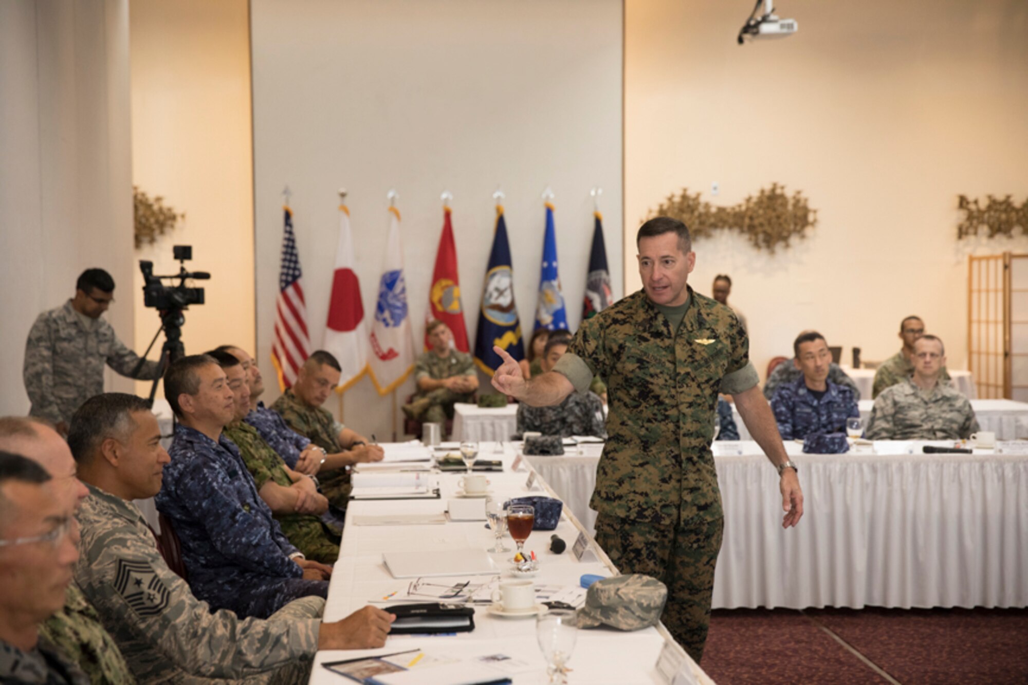 U.S. Marine Corps Sgt. Maj. Anthony Spadaro, U.S. Pacific Command senior enlisted leader, speaks during the bilateral Senior Enlisted Leader (SEL) Symposium at Yokota Air Base, Japan, July 13, 2017. Spadaro spoke to senior enlisted leadership between U.S. and Japan about the PACOM area of responsibility. The symposium was a two-day event in which USFJ and JSDF component SELs discuss various enlisted leadership development programs enhancing the coordination between U.S. and Japan along with other topics of mutual concern throughout the Indo-Asia-Pacific region. (U.S. Air Force photo by Yasuo Osakabe)