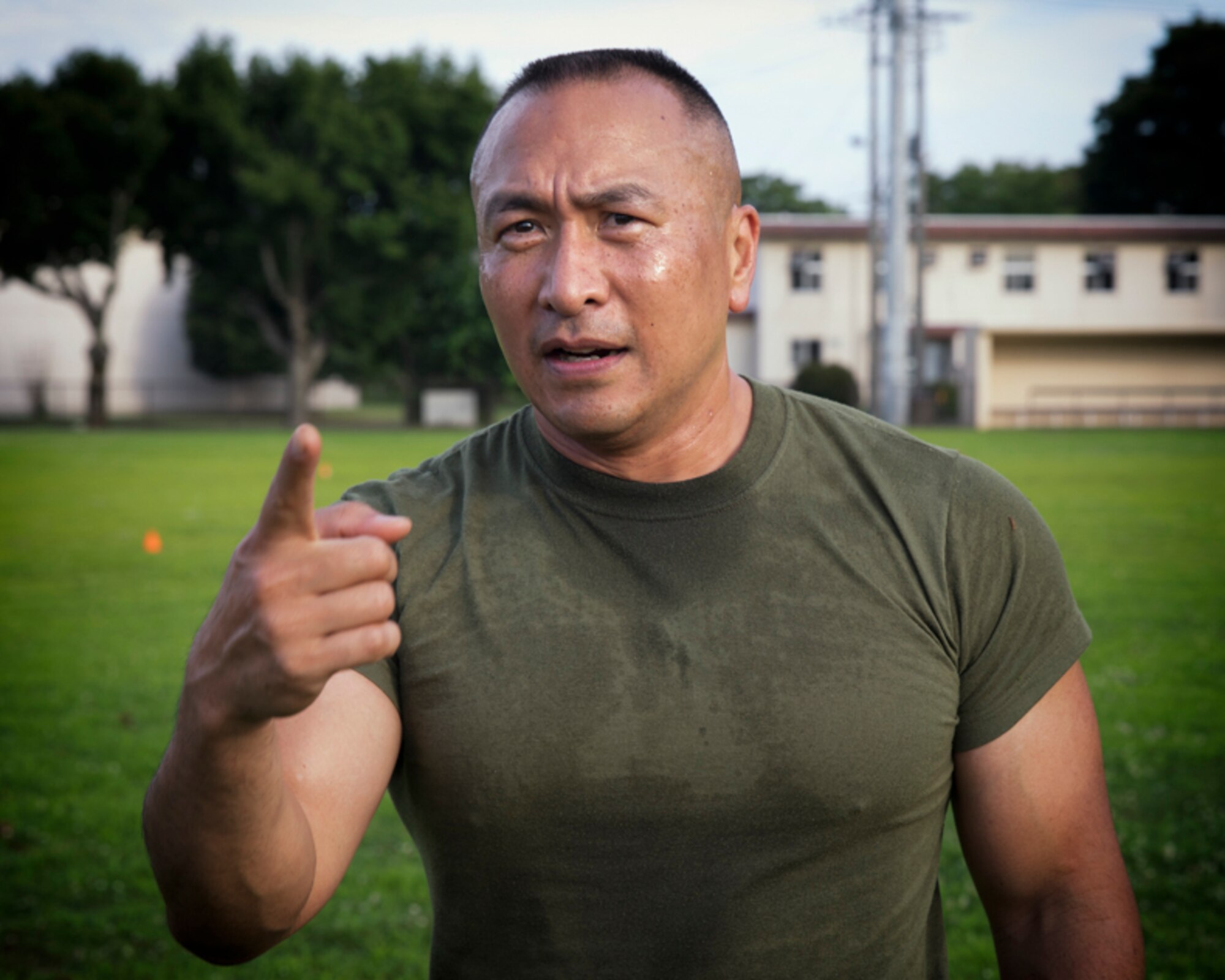 U.S. Marine Corps Sgt. Maj. Peter Siaw, Marine Corps Installations Pacific (MCIPAC) sergeant major, explains the marine’s physical training (PT) session during the bilateral Senior Enlisted Leader (SEL) Symposium at Yokota Air Base, Japan, July 14, 2017. United States Forces, Japan component and Japan Self-Defense Forces senior enlisted leaders met to strengthen the U.S. and Japan partnership by discussing shared leadership principles including ways each service makes improvements. (U.S. Air Force photo by Yasuo Osakabe)