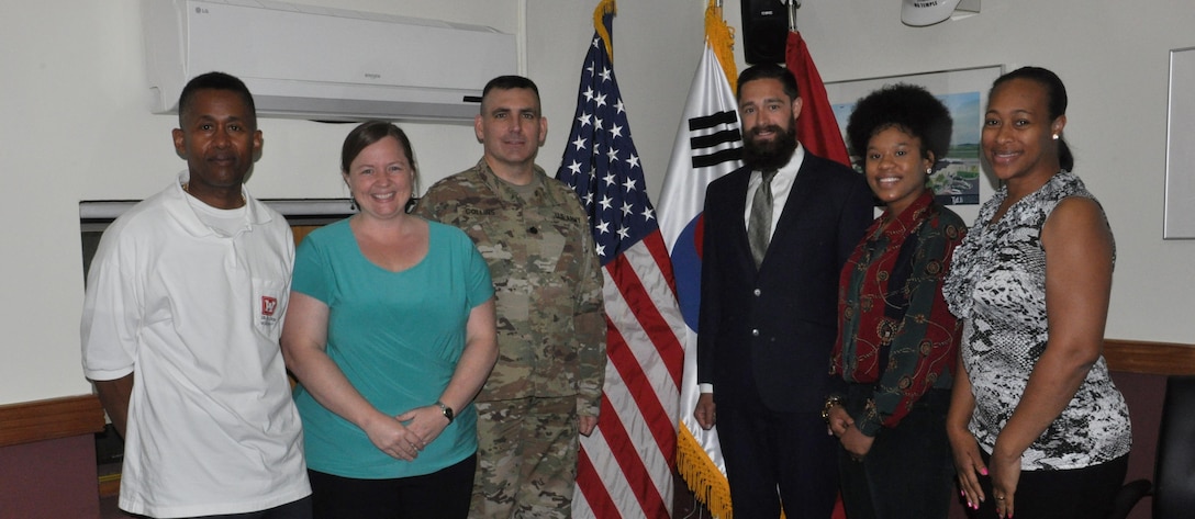 Lt. Col. Richard Collins, Far East District deputy commander, welcomed interns Joyrie Dickerson (2nd from right) a chemical engineering major from Hampton University and Ryan Davis (3rd from right) an environmental engineering major from Colorado State University as part of the AMIE Program on June 2 