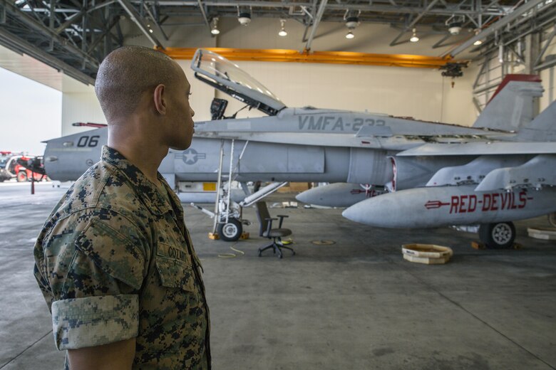 U.S. Marine Corps Pfc. Christian Cozart, an aircraft rescue firefighter with Headquarters and Headquarters Squadron, visits a display of an F/A-18C Hornet at Marine Corps Air Station Iwakuni, Japan, July 19, 2017. Aircraft Rescue and Firefighting Marines visited the display to familiarize themselves with the aircraft so they can be more effective in emergency situations. (U.S. Marine Corps Lance Cpl. Gabriela Garcia-Herrera)