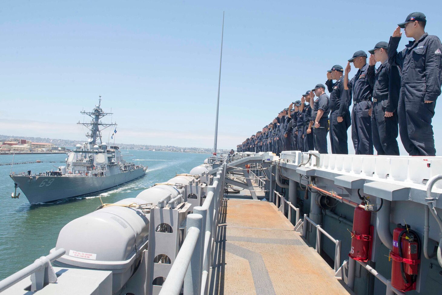 PACIFIC OCEAN (July 14, 2017) Sailors assigned to Wasp-class amphibious assault ship USS Essex (LHD 2) return salutes to the Arleigh Burke class guided-missle destroyer USS Milius (DDG 69).