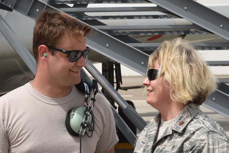 Senior Airman Colt, left, and his mother Maj. Donna, right, reunite at Al Dhafra Air Base, United Arab Emirates, July 20, 2017, after spending two years apart. Donna decided to surprise her son with a brief visit when their deployment windows overlapped. (U.S. Air Force photo by Staff Sgt. Marjorie A. Bowlden)