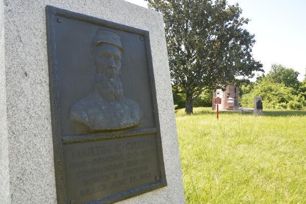 A relief portrait memorializes Confederate Brig. Gen. Martin Green, one of four Confederate generals killed in action during the campaign. Green’s last words disregarded the threat of enemy fire:  “A bullet has not been molded that will kill me.” Union sharpshooters proved otherwise.