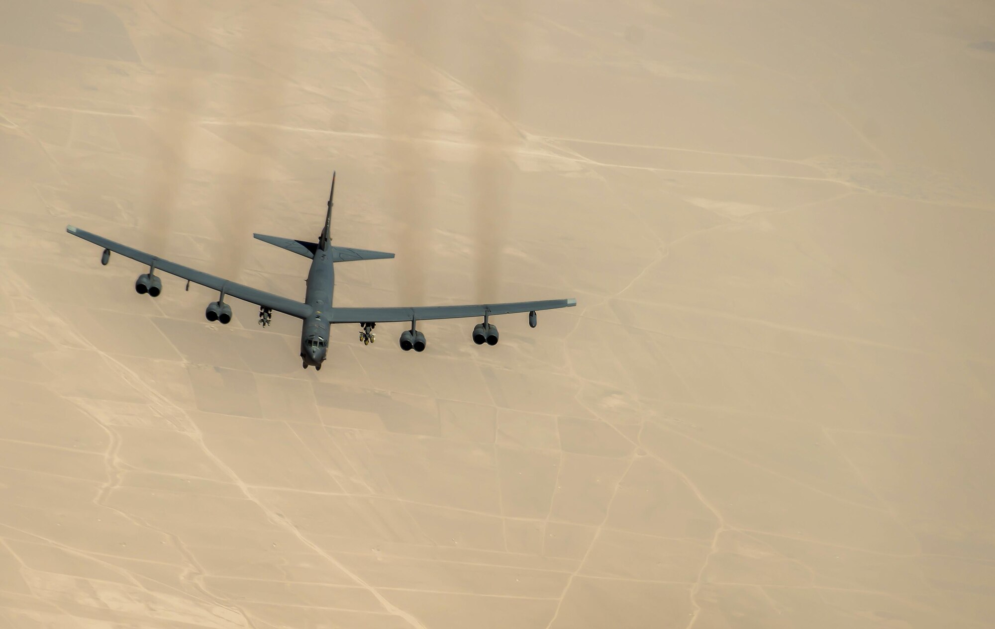 A B-52 Stratofortress approaches a 340th Expeditionary Air Refueling Squadron KC-135 Stratotanker during a flight in support of Operation Inherent Resolve, July 18, 2017. The B-52 is a long-range, heavy bomber capable of flying at altitudes of up to 50,000 feet. (U.S. Air Force photo/Staff Sgt. Trevor T. McBride)