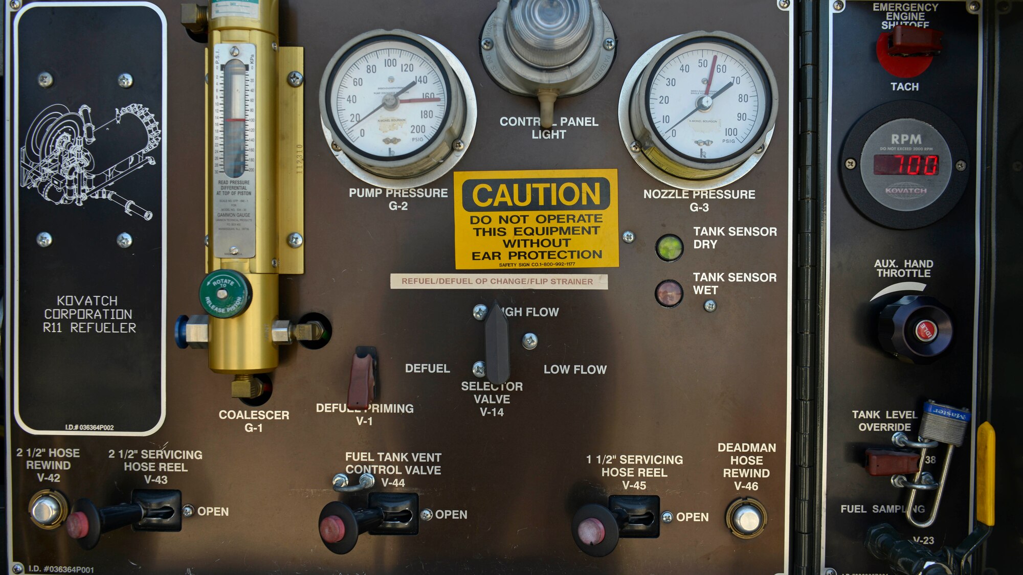 A panel of pressure gauges help Petroleum, Oil and Lubricants Airmen monitor fuel transfers, July 19, 2017, at Aviano Air Base, Italy. The POL Airmen transferred approximately 1,000 gallons of fuel to keep the F-16 mission ready. (U.S. Air Force photo by Senior Airman Cary Smith)