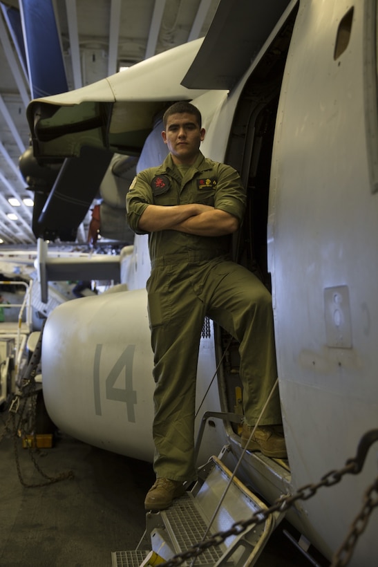 Marine Corps Cpl. Robert "Bobby" Lozano is an avionics technician attached to Marine Medium Tiltrotor Squadron 265 (Reinforced). A Harlingen, Texas native, Lozano followed his friends into the Marine Corps in February 2014 and all three are now stationed in Okinawa, Japan. Marine Corps photo by Breanna L. Weisenberger