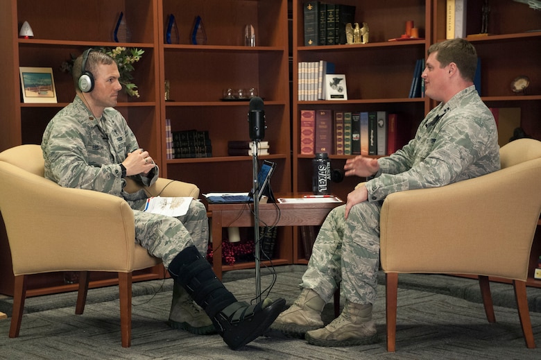 Chaplain (Maj.) Jim Bridgeham, 363rd Intelligence, Surveillance, and Reconnaissance Wing chaplain, left, and Capt. Jerry Walker, wing psychologist and acting wing surgeon general, record the twelfth episode of their resilience podcast, “The Pillars,” at Joint Base Langley-Eustis, Virginia, July 6, 2017. The 363rd ISR Wing is spread across several bases and mission locations, and the podcast has been a great format for those Airmen to be included in resilience training. (United States Air Force photo by Jennifer Spradlin)