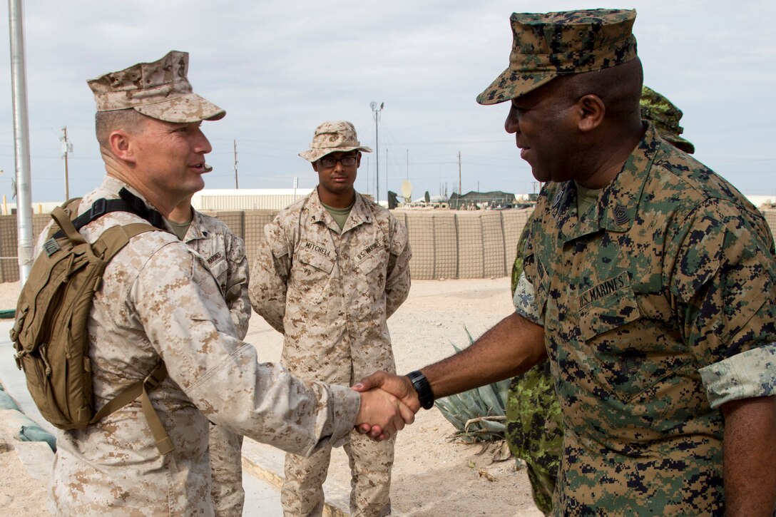 Sergeant Major of the Marine Corps Sgt. Maj. Ronald L. Green greets U.S. Marines with Marine Air Ground Task Force (MAGTF) 8 during his visit to Integrated Training Exercise (ITX) 5-17 at Marine Corps Air Ground Combat Center, Twentynine Palms, Calif., July 19, 2017. Green met with senior leadership of MAGTF-8 to impart his guidance and leadership philosophy. (U.S. Marine Corps Photo by Sgt. Kassie L. McDole)