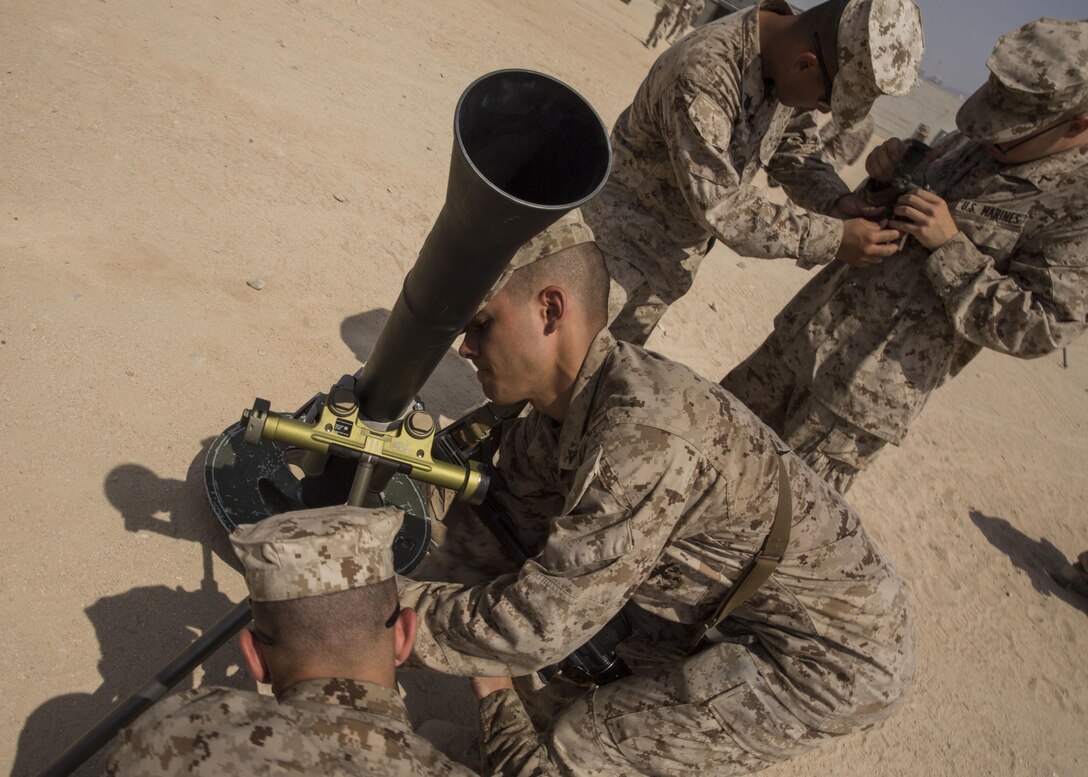 U.S. Marines with 1st Battalion, 1st Marine Regiment, Marine Air-Ground Task Force-8 (MAGTF) establishes a M252 81mm mortar system for mortar familiarization training during Integrated Training Exercise (ITX) 5-17 at Marine Corps Air Ground Combat Center, Twentynine Palms, Calif., July 18, 2017. The purpose of ITX is to create a challenging, realistic training environment that produces combat-ready forces capable of operating as an integrated MAGTF. (U.S. Marine Corps Photo by Cpl. Justin M. Smith)