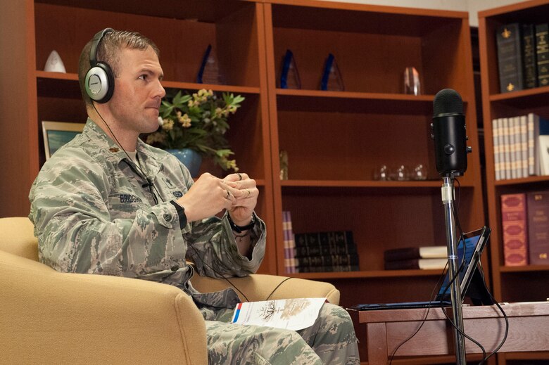 Chaplain (Maj.) Jim Bridgeham, 363rd Intelligence, Surveillance, and Reconnaissance Wing chaplain, hosts an episode of the resilience podcast, “The Pillars,” at Joint Base Langley-Eustis, Virginia, July 6, 2017. The 363rd ISR Wing is spread across several bases and mission locations, and the podcast has been a great format for those Airmen to be included in resilience training. (United States Air Force photo by Jennifer Spradlin)