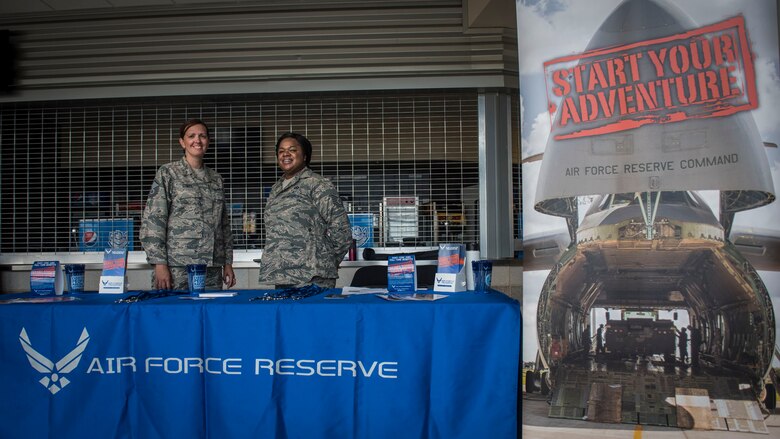 Master Sgt. Tabetha Coley and Tech Sgt. Nikala Batts represented the 932nd Airlift Wing at a recent Saint Louis job fair held July 13, 2017.  They were on hand to talk to former military members and those interested in joining the Air Force Reserve Command for the first time in the Midwest Region.  (U.S. Air Force photo by Christopher Parr)