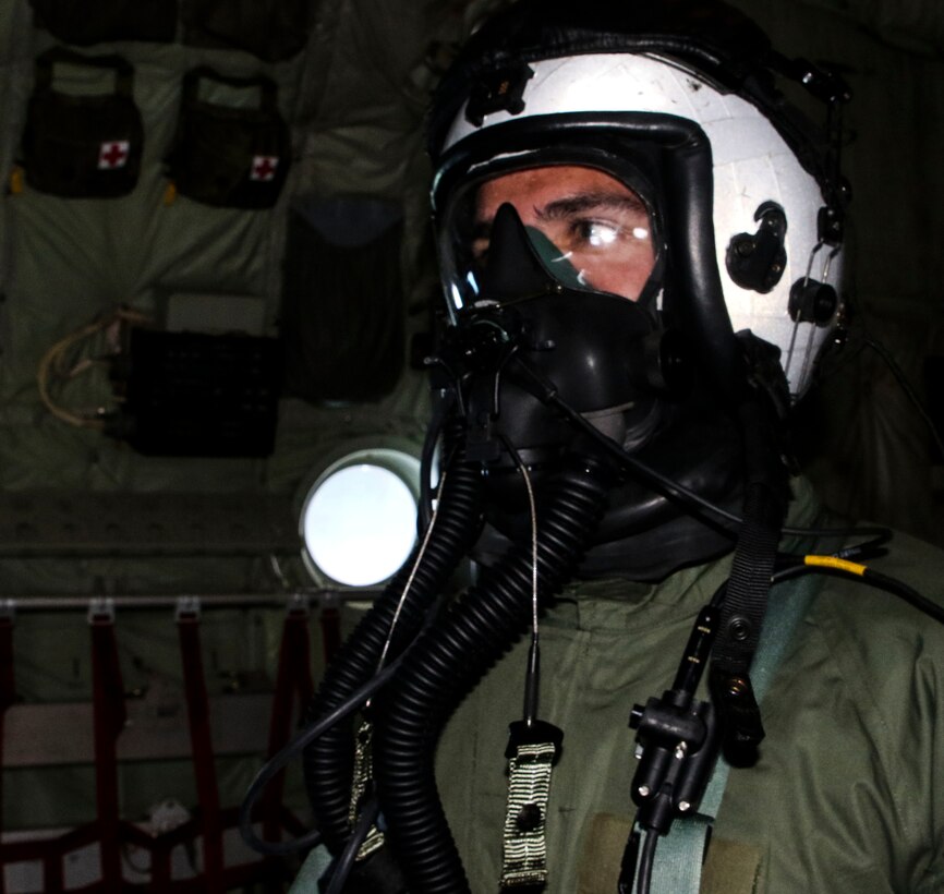 A Marine assigned to Marine Aerial Refueler Transport Squadron 252 participates in a Chemical, Biological, Radiological, and Nuclear training exercise at Marine Corps Air Station Cherry Point, July 13, 2017. The training expanded upon the Marines knowledge of how to properly react and contain a CBRN attack aboard a KC-130J Super Hercules. VMGR-252 is assigned to Marine Aircraft Group 14, 2nd Marine Aircraft Wing. (U.S. Marine Corps photo by Cpl. Jason Jimenez/ Released)