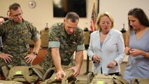 Massachusetts Congresswoman Niki Tsongas joins Marine Corps Systems Command acquisition experts aboard Marine Corps Base Quantico, Virginia, July 11, for a sneak peek at the latest gear for the 21st Century Marine. In a series of ongoing efforts, the Corps and the Army are collaborating to develop, test and deliver ever-better capabilities for Marines and Soldiers. From left: Brig. Gen. Joseph Shrader, MCSC commander; Lt. Col. Chris Madeline, program manager for Infantry Combat Equipment; Rep. Tsongas; and Mackie Jordan, an engineer in PM ICE. (U.S. Marine Corps photo by Emily Greene)