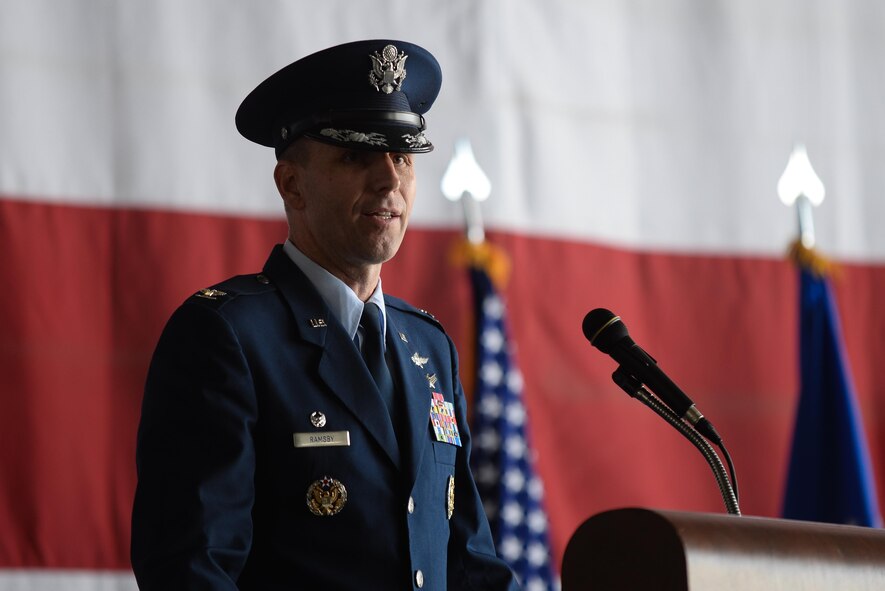 Col. Corey Ramsby gives his first speech as the 55th Comminications Group commander during a cchange of command ceremony July 14, 2017 in the  Bennie L. Davis Maintenance Facility on Offutt Air Force Base, Neb. Col. Ramsby comes to the Fightin’ Fifty-Fifth from Air Force Space Command, where he was the chief of the Cyberspace Operations Division, Directorate of Integrated Air, Space, Cyberspace and Intelligence, Surveillance and Reconnaissance Operations. (U.S. Air Force photo by Zachary Hada)