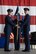 (Left) Col. Michael Manion, 55th Wing commander, hands off the guidon for the 55th Communications Group to (right) Col. Corey Ramsby during a change of command ceremony July 14, 2017 in the Bennie L. Davis Maintenance Facility on Offutt Air Force Base, Nebraska. The 55th CG’s mission is to provide command, control, communications, computers and knowledge management services for the 55th Wing, U.S. Strategic Command, the 557th Weather Wing and more than 50 partner units. (U.S. Air Force photo by Zachary Hada)