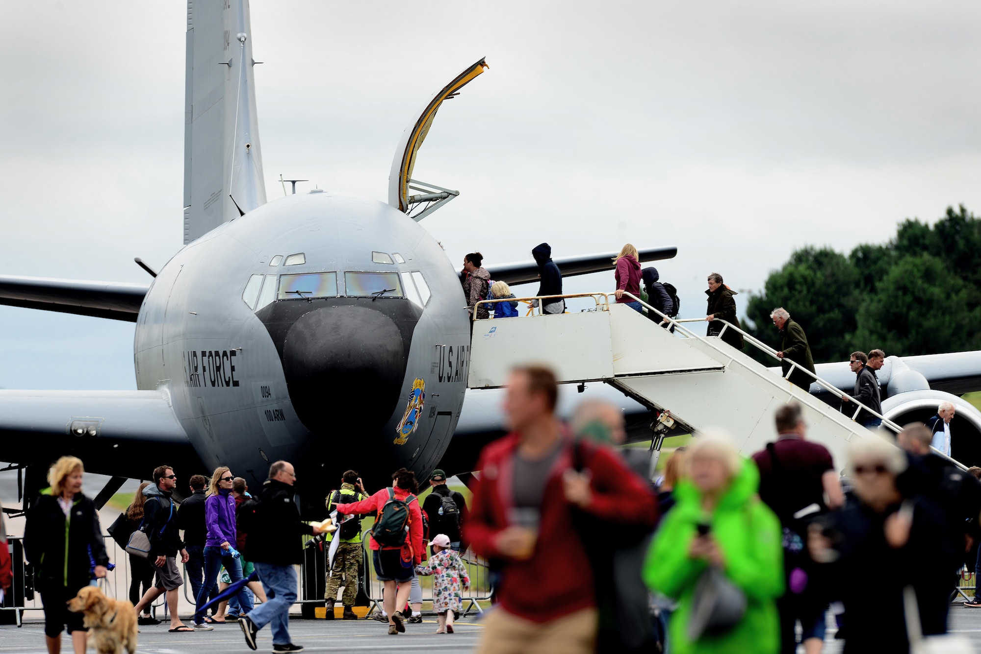 Aviation enthusiasts line up to receive a tour of a U.S. Air Force KC-135R Stratotanker during Friends & Families Day at Royal Air Force Marham, England July 20. The day is all about saying "thank you," to the RAF personnel's families, friends in the local community who support the installation. (U.S. Air Force photo/ Tech. Sgt. Matthew Plew)