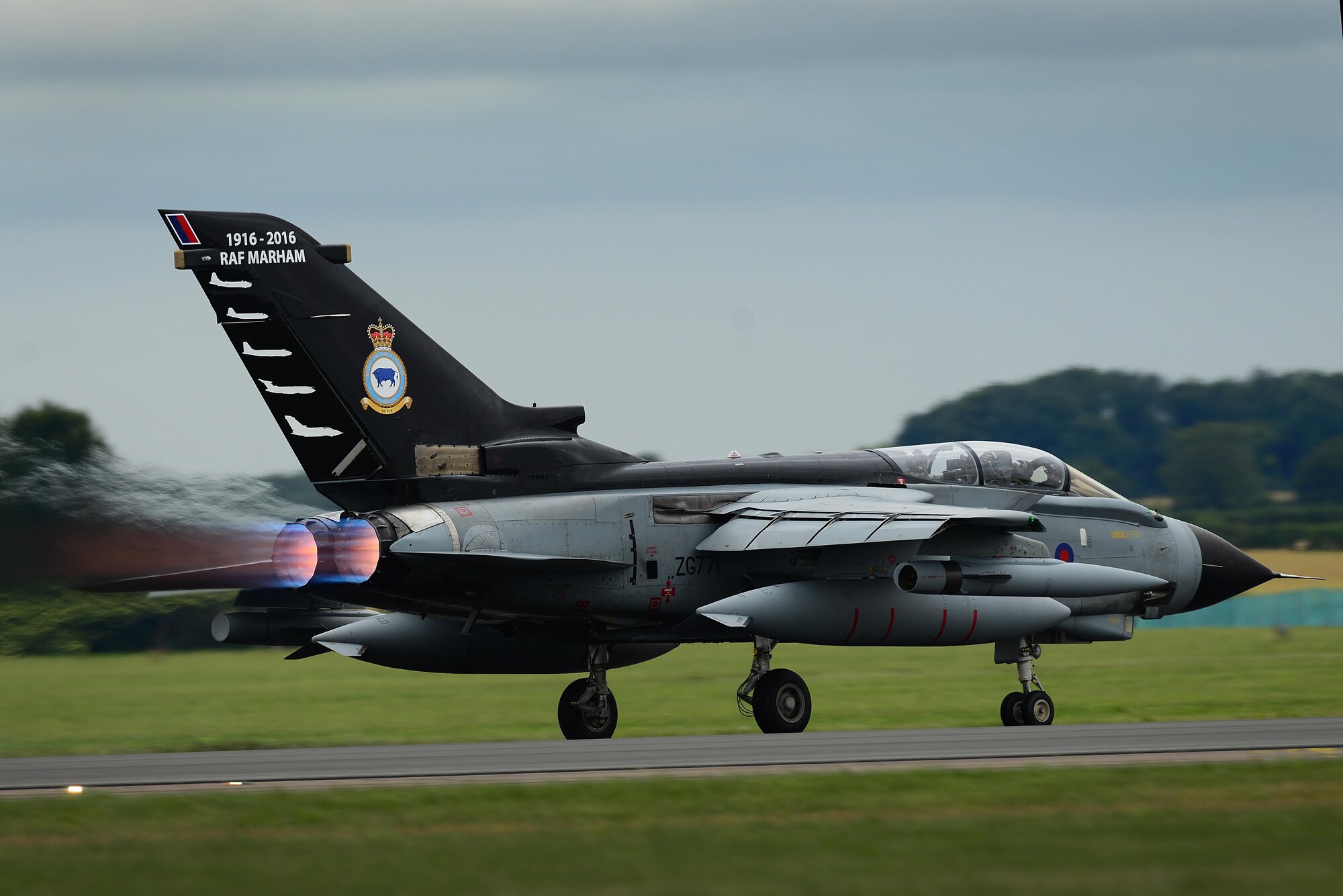 A Royal Air Force Tornado GR4 aircraft takes off for an aerial demonstration during Friends & Families Day at RAF Marham, England July 20. The day is all about saying "thank you," to the RAF personnel's families, friends in the local community who support the installation, and the American allies whose partnership continues to flourish with the anticipated arrival of the F-35 at both RAF Marham and RAF Lakenheath. (U.S. Air Force photo/ Tech. Sgt. Matthew Plew)