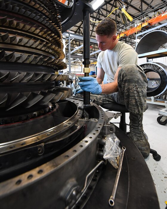 Airman 1st Class Joseph Cockerham, 388th Maintenance Squadron Propulsion Flight, installs a maintenance fixture to an F-16 compressor assembly, Hill Air Force Base, Utah, July 13, 2017. (U.S. Air Force photo/R. Nial Bradshaw)