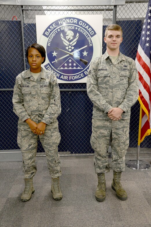 Senior Airman Britney Williams and Airman 1st Class Kasey Krumwiede were two of four Honor Guard members who participated in the pilot professional development course, Final Salute. Not pictured are Senior Airmen Aaron Kisner and Thomas Ott. (Air Force photo by Kelly White)