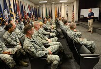 Tech. Sgt. Blake Manuel, a health professions recruiter with the 342nd Recruiting Squadron, speaks with Airman Leadership School Class 17-E June 7. ALS leadership plans for at least four guest speakers to help augment curriculum material, promote resiliency and to help students learn more about career fields and organizations, such as the Air Force Sergeant’s Association and Network 5/6. (Air Force photo by Kelly White)