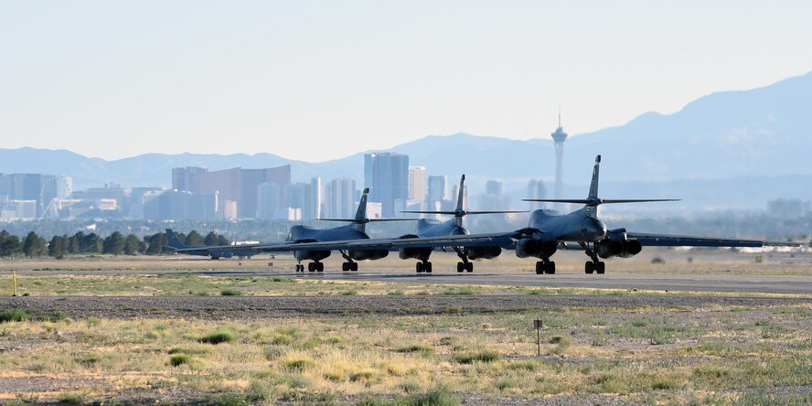 Three B-1B Lancers taxi down the runway at Nellis Air Force Base, Nev., June 14, 2017. Airmen assigned to the 337th Test and Evaluation Squadron spent time at Nellis AFB testing new software for Sustainment Block 17. 