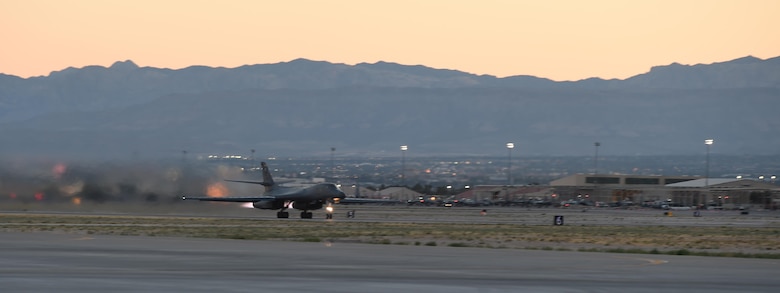 A B-1B Lancer takes off at Nellis Air Force Base, Nev., June 13, 2017. The B-1 is a test jet assigned to the 337th Test and Evaluation Squadron, here, and is conducting missions while testing the new software for Sustainment Block 17. 