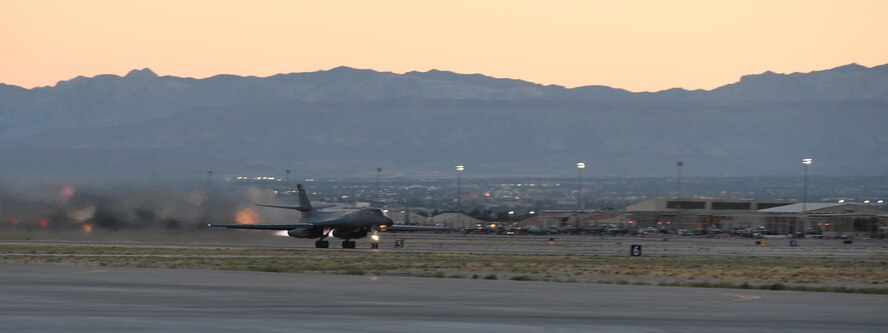 A B-1B Lancer takes off at Nellis Air Force Base, Nev., June 13, 2017. The B-1 is a test jet assigned to the 337th Test and Evaluation Squadron, here, and is conducting missions while testing the new software for Sustainment Block 17. 