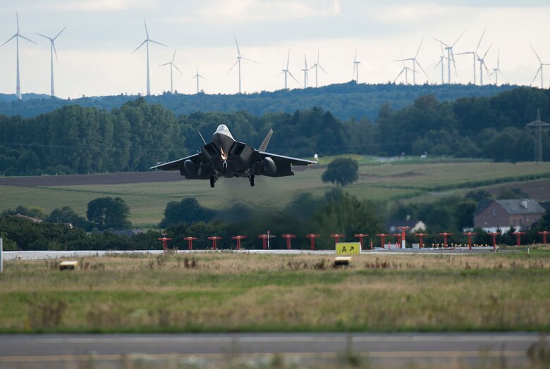 The Air Force Encroachment Management program, headed by the AFCEC Planning and Integration Directorate, assist with addresses encroachment and sustainment challenges for missions like the F-22 Raptor landing at Spangdahlem Air Base Germany.  These challenges have the potential to affect both the Air Force mission and the quality of life in surrounding.  AFCEC will host the annual Air Force Encroachment Management (AFEM) training event 1-3 August 2017.  (U.S. Air Force photo by Staff Sgt. Chad Warren/Released)     