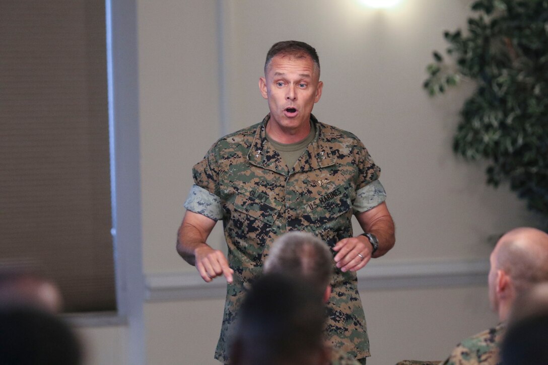 Maj. Gen. Matthew Glavy speaks to commanders and maintenance personnel during the maintenance symposium held at Marine Corps Air Station New River, N.C., July 18, 2017. The symposium allowed commanders and maintenance personnel a platform to brainstorm ideas on how to continue increase readiness. Glavy is the commanding general of 2nd Marine Aircraft Wing. (U.S. Marine Corps photo by Cpl. Cody Lemons/released)