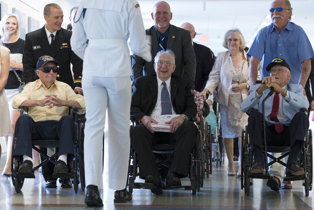 Three USS Arizona survivors tour the Pentagon, July 17, 2017. The USS Arizona was sunk during the Japanese attack on Pearl Harbor, Dec. 7, 1941. DoD photo by EJ Hersom