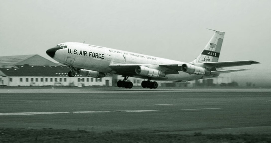 USAF military transport (C-135B) taking off.